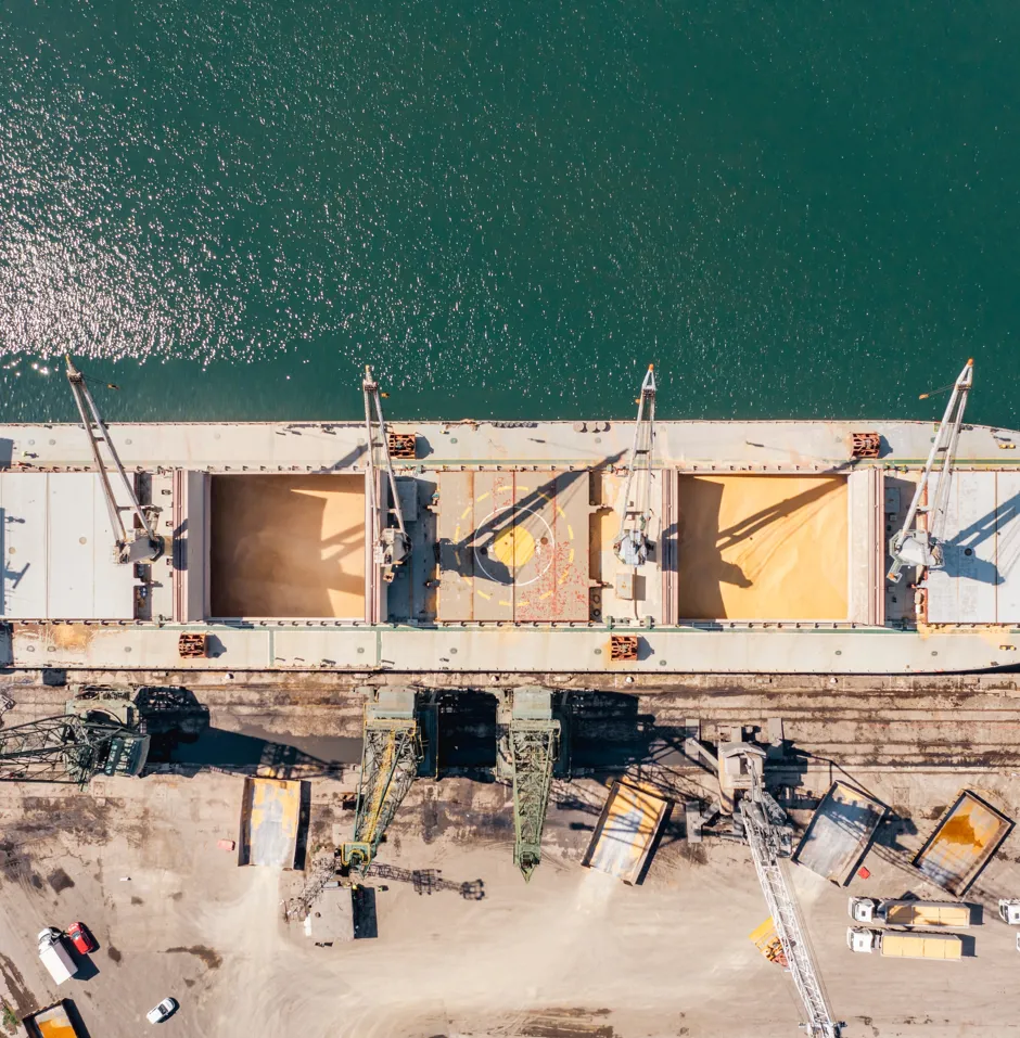 Aerial view of a bulk carrier at a port