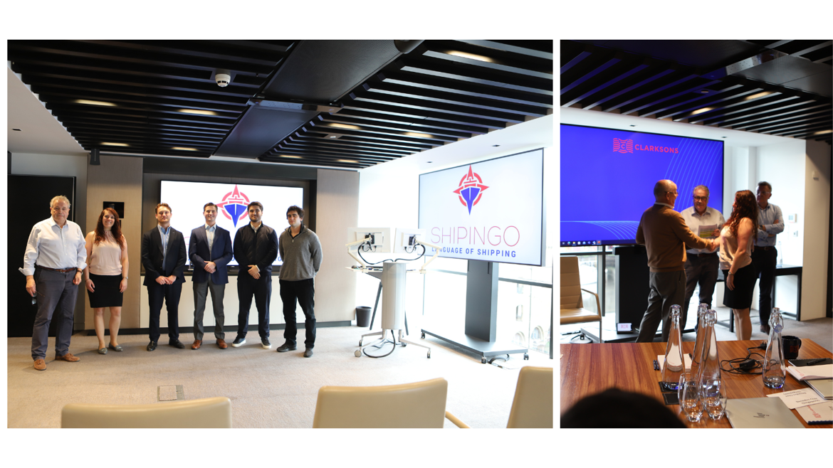 Dragons den winners with Malcolm and winner of the Jim Gretton prize shaking hands with Course Leader Bob Knight