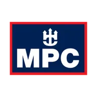 Rectangular blue logo with a white trident and "MPC" text, framed by a red border.