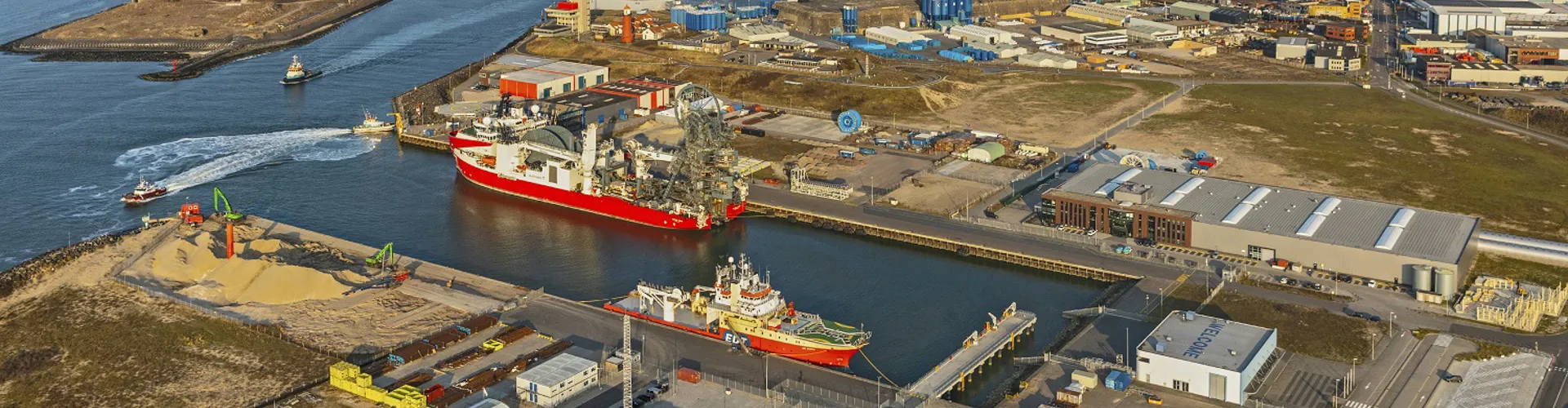 Aerial view of a busy industrial harbour.