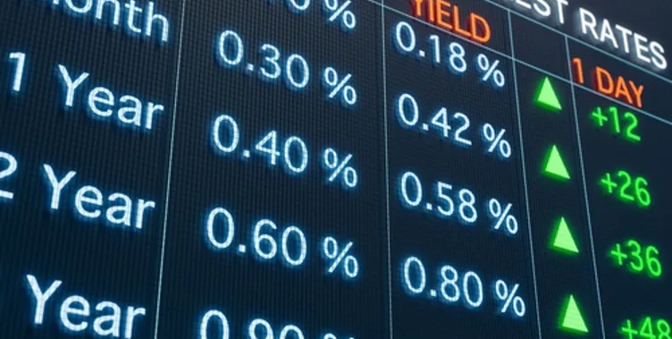 Interest rates and yields on a digital display.