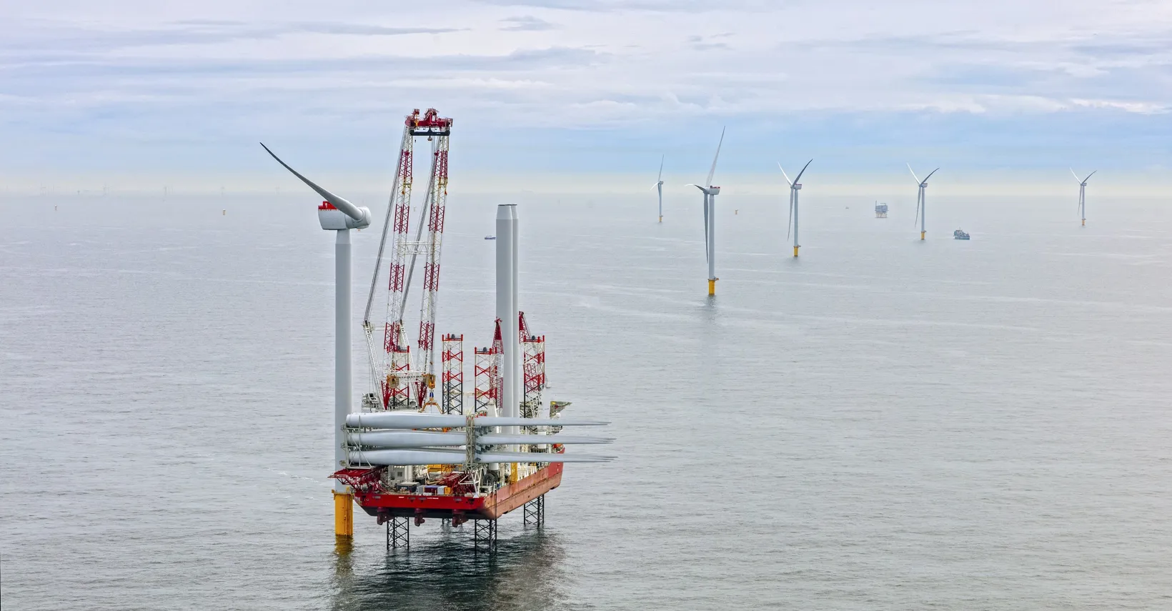 Offshore wind farm with a specialised vessel and new turbine components.