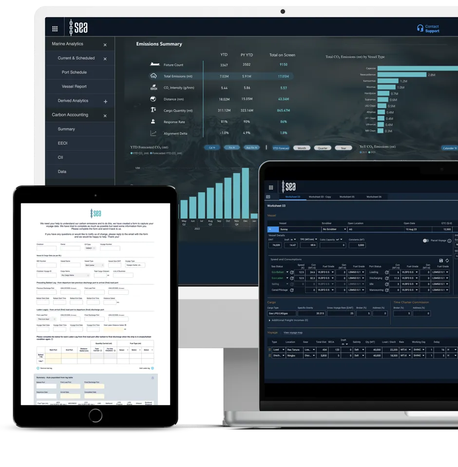 Screens displaying marine analytics data.
