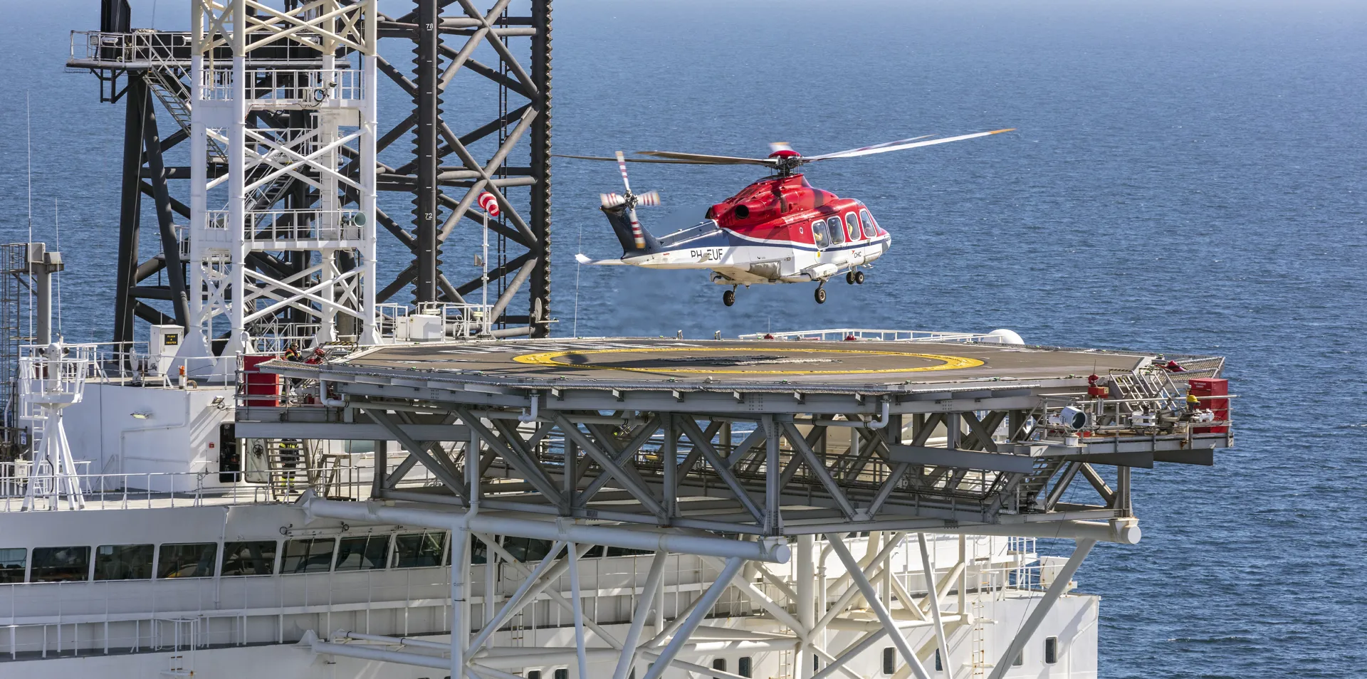 Helicopter landing on an offshore platform.
