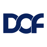 Blue logo with bold, overlapping letters "DOF" on a black background.